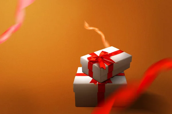 White Gift Box Red Ribbon Colored Background Boxing Day — Stock Photo, Image