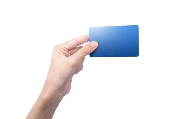 Hand Holding Empty Blue Card Isolated White Background Empty Card — Stock Photo, Image