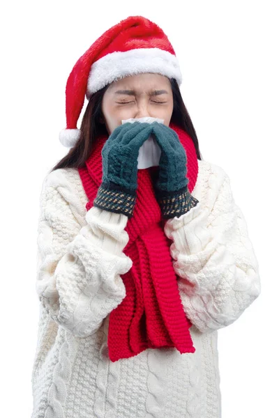 Mujer Asiática Con Guantes Invierno Sombrero Santa Consigue Gripe Estornudos —  Fotos de Stock