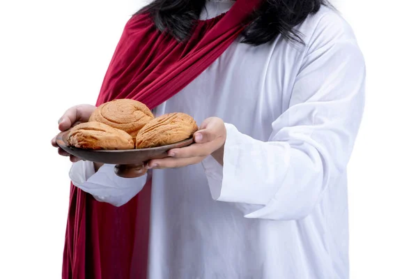 Jezus Christus Houdt Voedsel Geïsoleerd Witte Achtergrond — Stockfoto