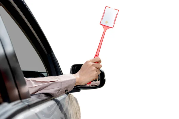 Man Hand Van Binnenuit Auto Neemt Kaart Tol Betalen Geïsoleerd — Stockfoto