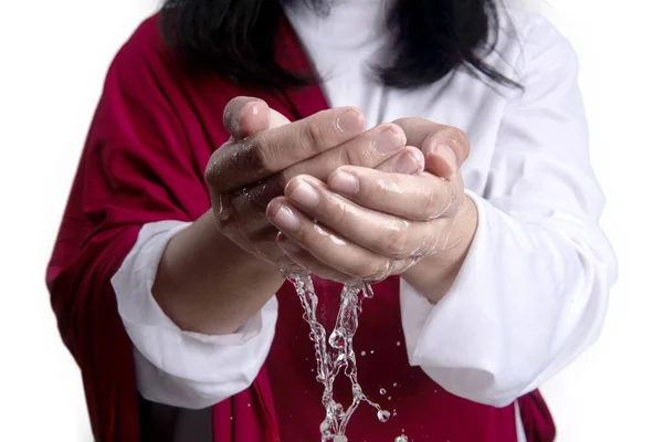 Jesus Cristo Com Palma Aberta Dando Segurar Água Isolada Sobre — Fotografia de Stock