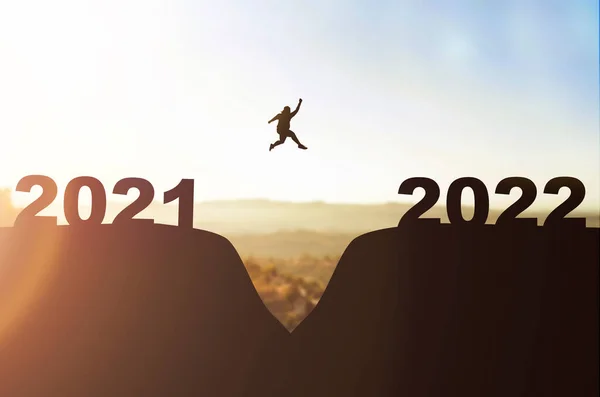 Silhouette Fat Man Jumping Hill 2021 Hill 2022 Happy New — Stock Photo, Image