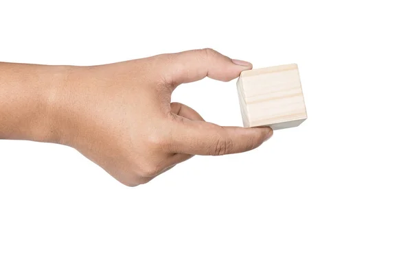 Hand Holding Wooden Block Toy Isolated White Background — Stock Photo, Image