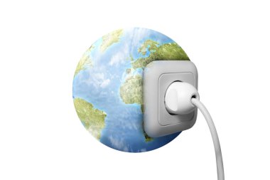Beyaz arkaplanda izole edilmiş bir toprak güç prizine elektrik prizi takın