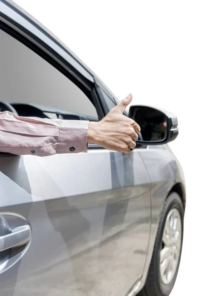 Άνθρωπος Δείχνει Αντίχειρες Επάνω Από Παράθυρο Του Αυτοκινήτου Απομονώνονται Λευκό — Φωτογραφία Αρχείου