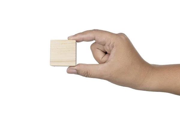 Mão Segurando Brinquedo Bloco Madeira Isolado Sobre Fundo Branco — Fotografia de Stock
