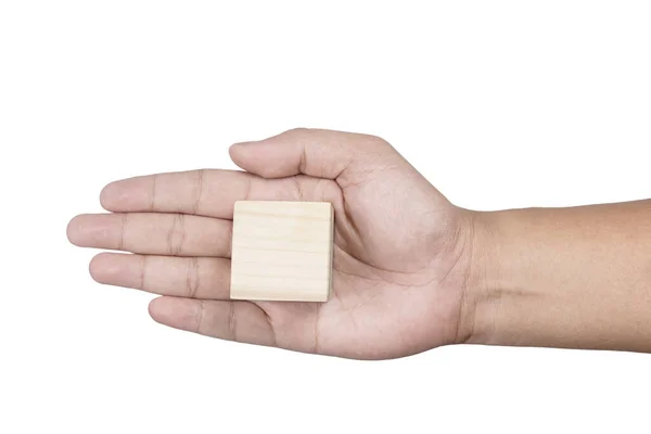 Mano Sosteniendo Juguete Bloque Madera Aislado Sobre Fondo Blanco — Foto de Stock