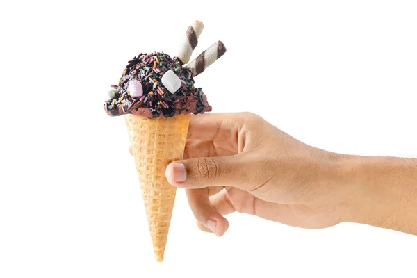 Human Hand Holding Chocolate Ice Cream Isolated White Background — Zdjęcie stockowe