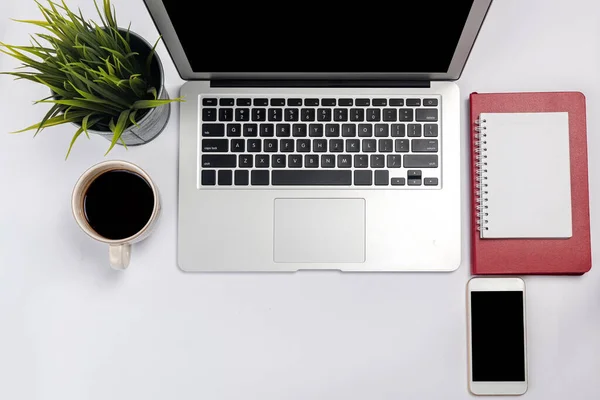 Laptop Note Book Mobile Phone White Desk — Stock Photo, Image