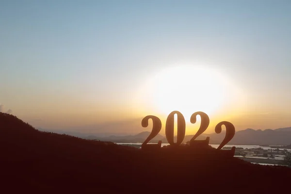 Silueta 2022 Con Fondo Cielo Amanecer Feliz Año Nuevo 2022 — Foto de Stock