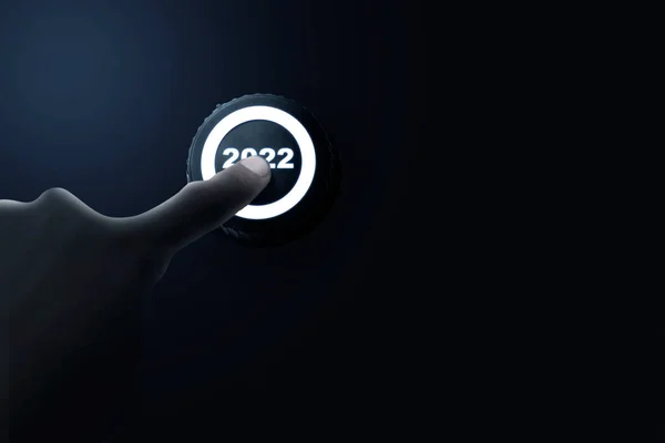 Human Hand Pushes 2022 Button Happy New Year 2022 — Stockfoto