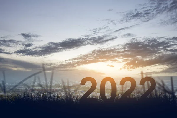 Silueta 2022 Con Fondo Cielo Atardecer Feliz Año Nuevo 2022 — Foto de Stock