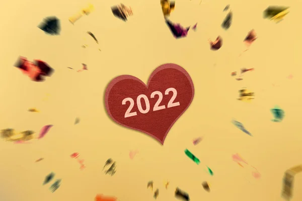 2022 Red Heart Confetti Background Happy New Year 2022 — Fotografia de Stock