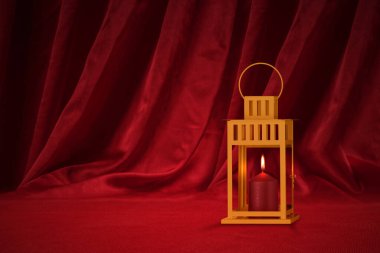 Lanterns with red curtain background. Happy Chinese New Year