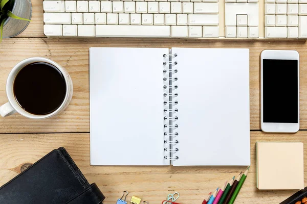 Computer Keyboard Mobile Phone Cup Coffee Note Book Wooden Desk — Stock Photo, Image