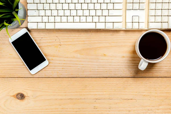 Computer Keyboard Mobile Phone Cup Coffee Wooden Desk — Stok fotoğraf