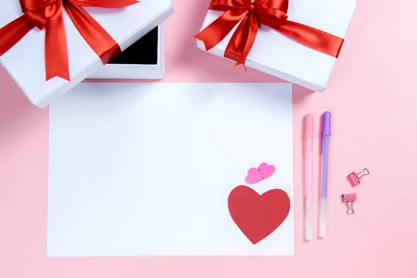 Empty White Paper Heart Gift Box Colored Background Valentines Day — стокове фото