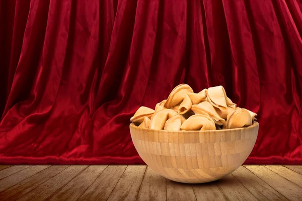 Fortune Cookies Wooden Bowl Red Curtain Background Happy Chinese New —  Fotos de Stock