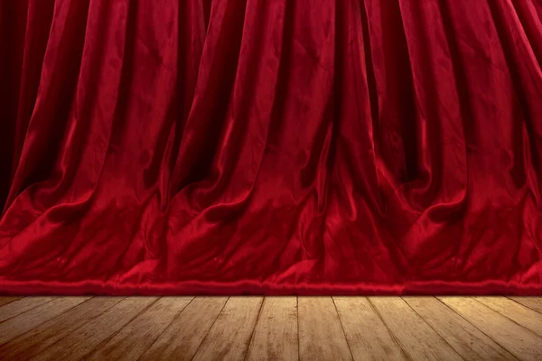 Closeup View Red Curtain Wooden Floor — Stockfoto