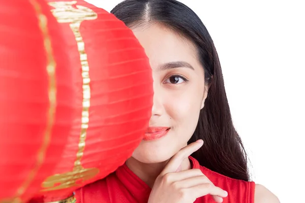 Aziatisch Chinees Vrouw Een Cheongsam Jurk Houden Lantaarn Geïsoleerd Witte — Stockfoto