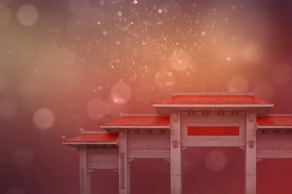 Κινέζικο Περίπτερο Πύλη Κόκκινη Οροφή Θολή Φως Φόντο — Φωτογραφία Αρχείου