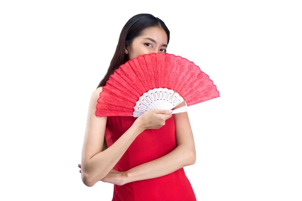 Asiatico Cinese Donna Cheongsam Abito Tenendo Ventilatore Isolato Sfondo Bianco — Foto Stock