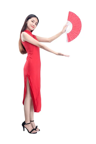 Asiática China Mujer Cheongsam Vestido Sosteniendo Ventilador Con Palma Abierta — Foto de Stock