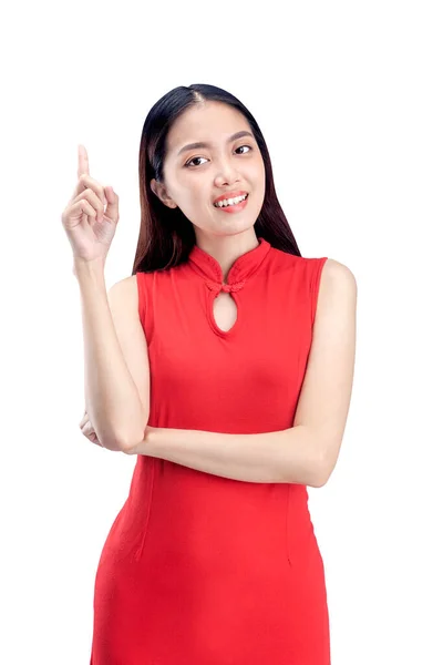 Asian Chinese Woman Cheongsam Dress Pointing Something Isolated White Background — Stock Photo, Image