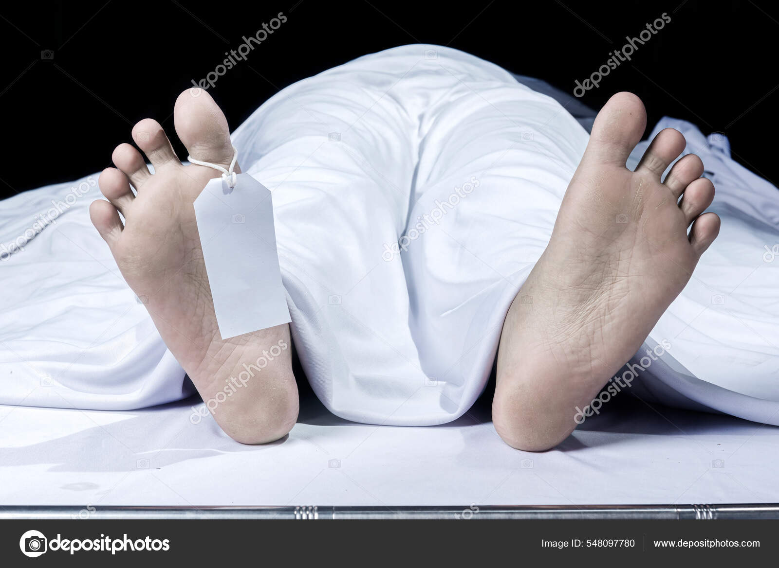 Human Corpse Covered Sheet Name Tag Toe Stock Photo by