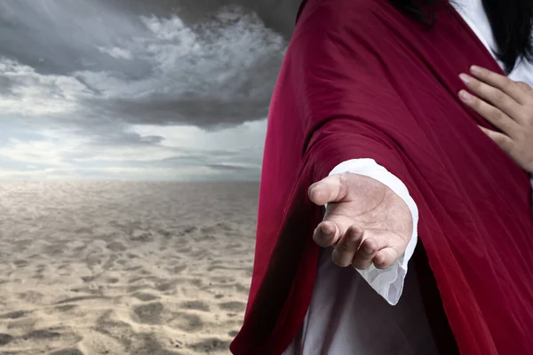 Jesus Christ Open Palm Giving Helping Hand Dramatic Sky Background — Stock Photo, Image