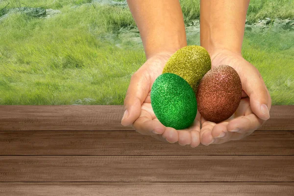 Çayırlık Arka Planda Renkli Paskalya Yumurtalarını Tutan Insan Elleri Mutlu — Stok fotoğraf