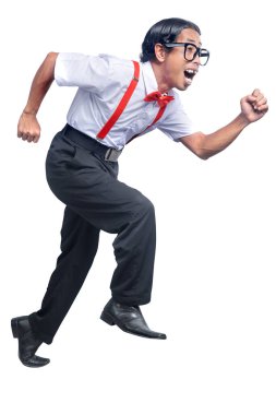 Beyaz arka planda izole edilmiş çirkin yüzlü Asyalı inek.