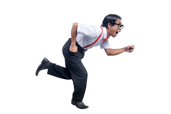 Ασιάτης Σπασίκλας Άσχημο Πρόσωπο Που Τρέχει Απομονωμένος Πάνω Λευκό Φόντο — Φωτογραφία Αρχείου