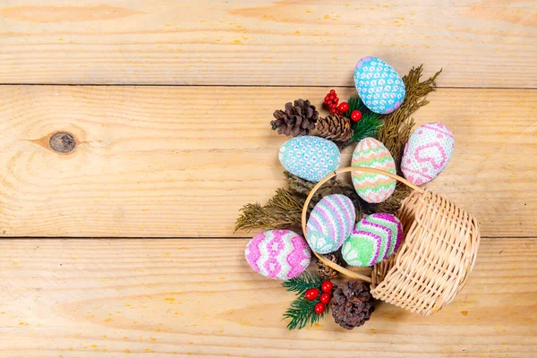 Colorful Easter Egg Spilled Basket Wooden Table Happy Easter — Stock Photo, Image