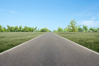 Çimenli asfalt yol ve mavi gökyüzü arka planlı ağaçlar