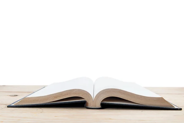 Close Weergave Van Het Geopende Boek Houten Tafel Met Witte — Stockfoto