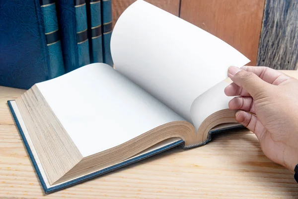 Closeup View Hand Open Book Wooden Table — Stock Photo, Image