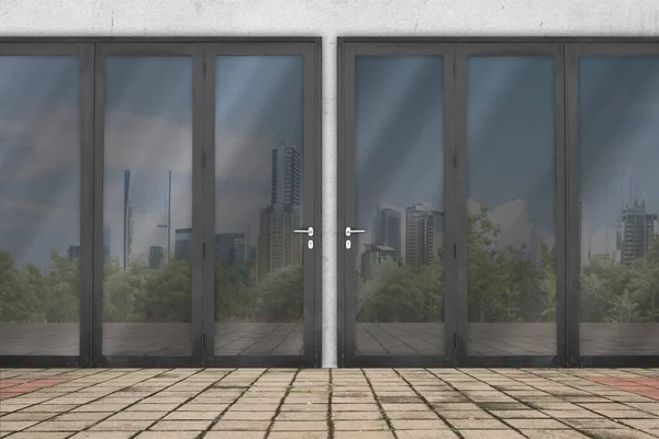 Дверное Стекло Отражением Здания Город — стоковое фото