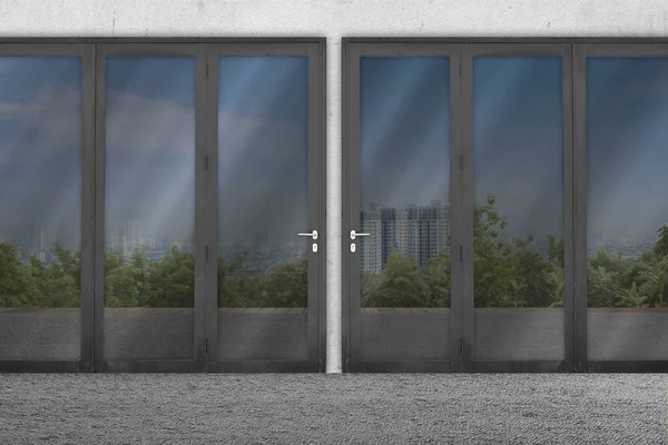 Дверне Скло Відображенням Будівлі Місті — стокове фото