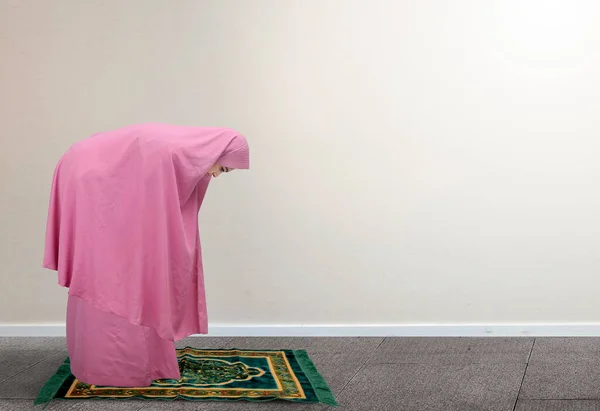 白い壁の背景を持つ祈りの位置でベールにアジアのイスラム教徒の女性 サラット — ストック写真