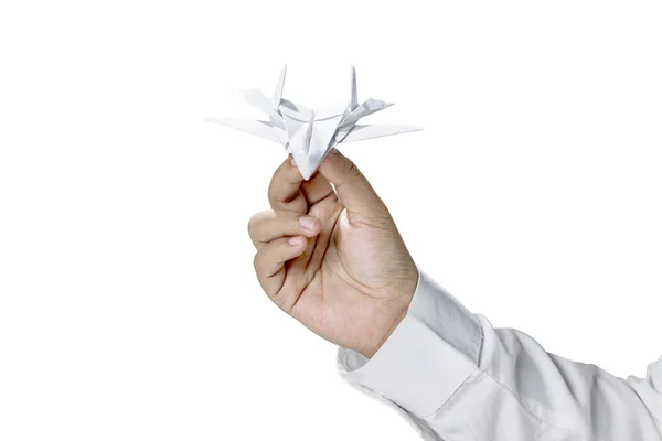 Empresário Mão Segurando Avião Papel Isolado Sobre Fundo Branco — Fotografia de Stock