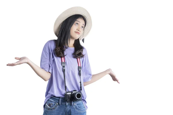 Asian Woman Hat Camera Standing Isolated White Background — Stock Photo, Image