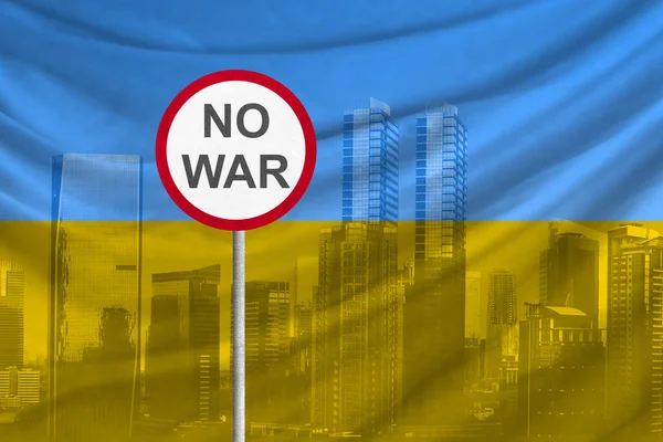Sinais Para Nenhuma Guerra Com Bandeira Ucrânia Fundo — Fotografia de Stock