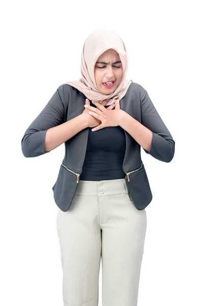 Asian Muslim Woman Headscarf Feeling Chest Pain Isolated White Background — ストック写真