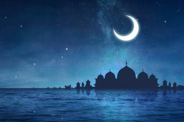 Göllü ve gece manzaralı bir caminin silueti.