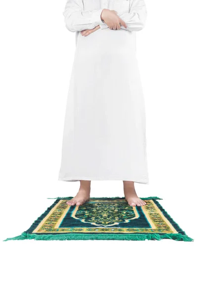 Närbild Visa Muselman Man Bedjande Position Salat Bön Matta Isolerad — Stockfoto