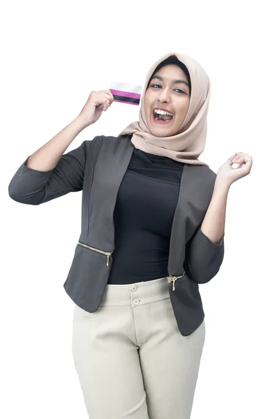 Asian Muslim Woman Headscarf Holding Credit Card Excited Expression Isolated — ストック写真