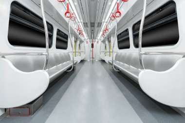 Koltuklu ve geniş pencereli trenin iç görünümü