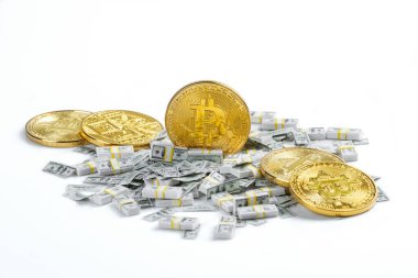 Bitcoin şifreleme paraları ve para beyaz arka planda izole edilir. Kripto para birimi kavramı